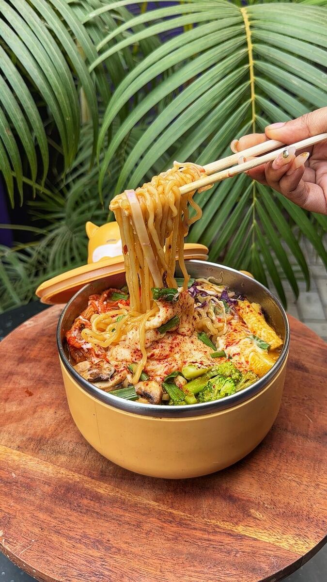 Finished vegetarian Korean Ramen bowl at EMC Kitchen in Vesu